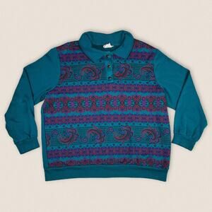Vintage 90s Paisley Collared Sweatshirt Cricket Lane Size XL